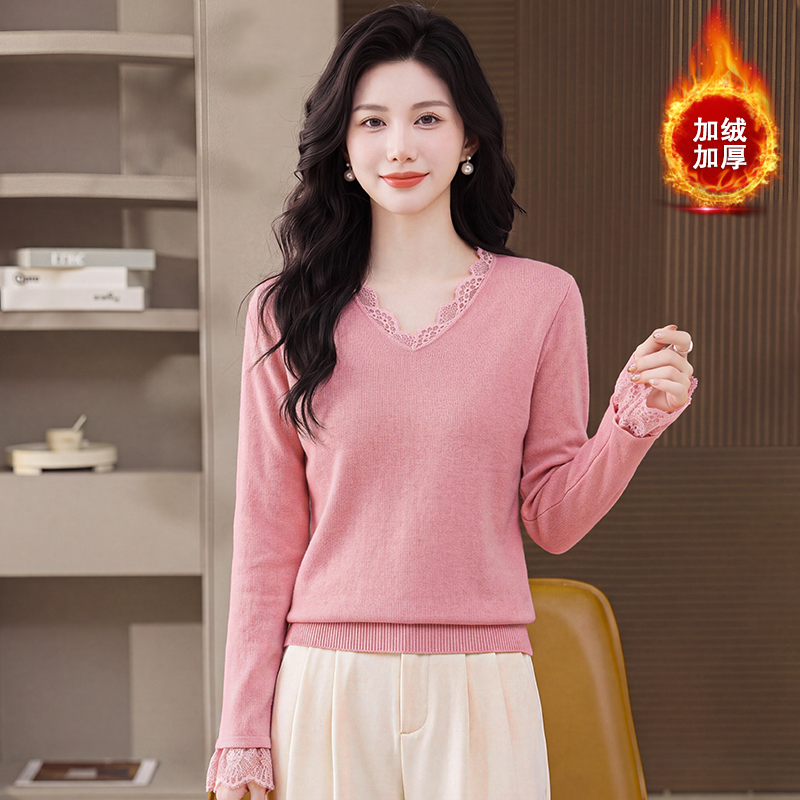 Hollow sweater plus velvet bottoming shirt for women