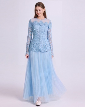 Gauze stereoscopic pinched waist tops jacquard slim skirt