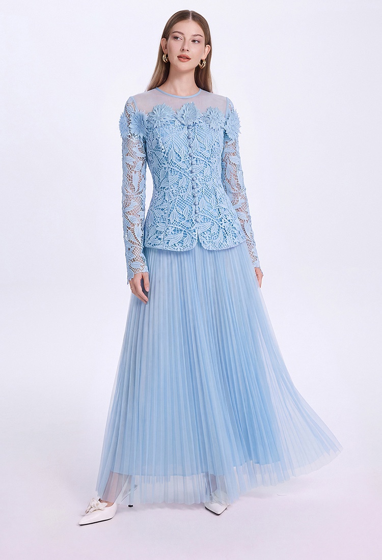 Gauze stereoscopic pinched waist tops jacquard slim skirt