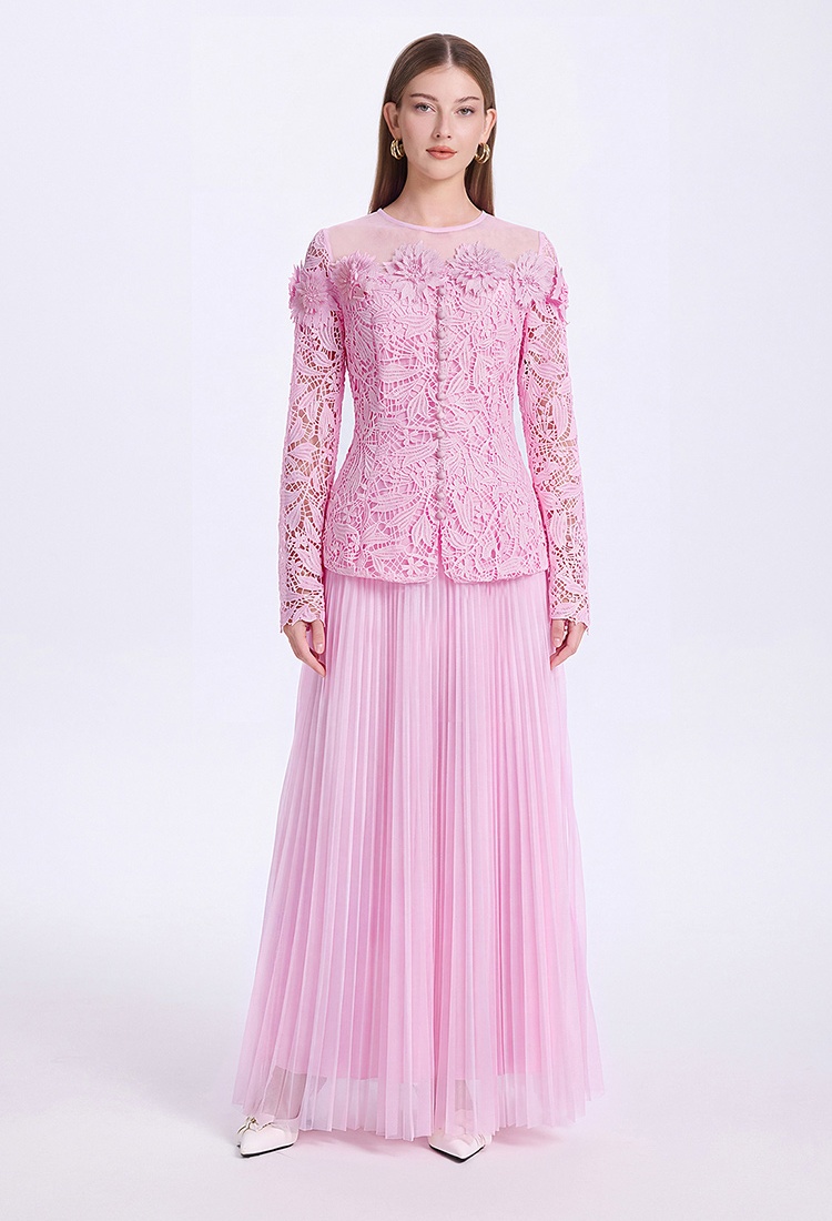 Gauze stereoscopic pinched waist tops jacquard slim skirt