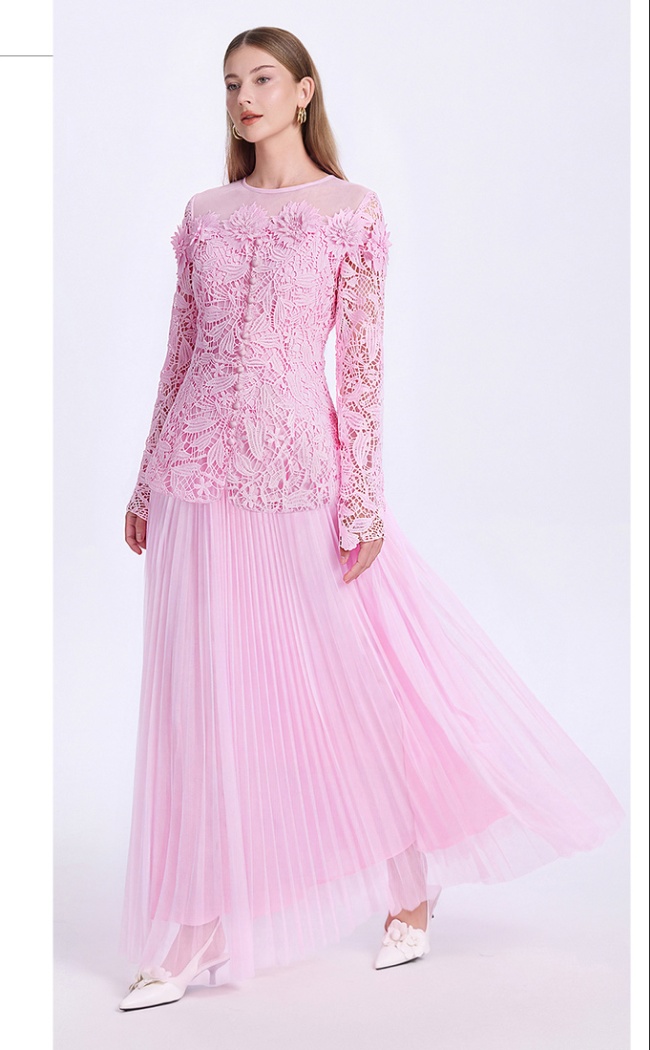 Gauze stereoscopic pinched waist tops jacquard slim skirt