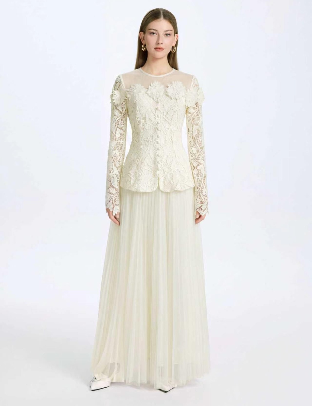 Gauze stereoscopic pinched waist tops jacquard slim skirt