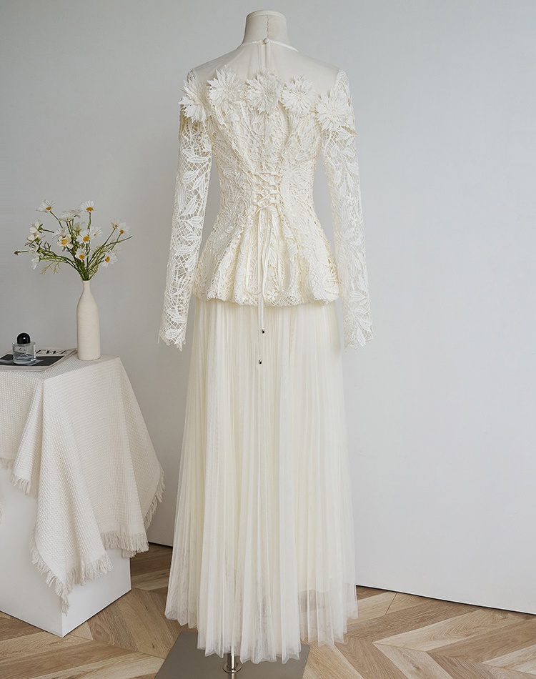 Gauze stereoscopic pinched waist tops jacquard slim skirt