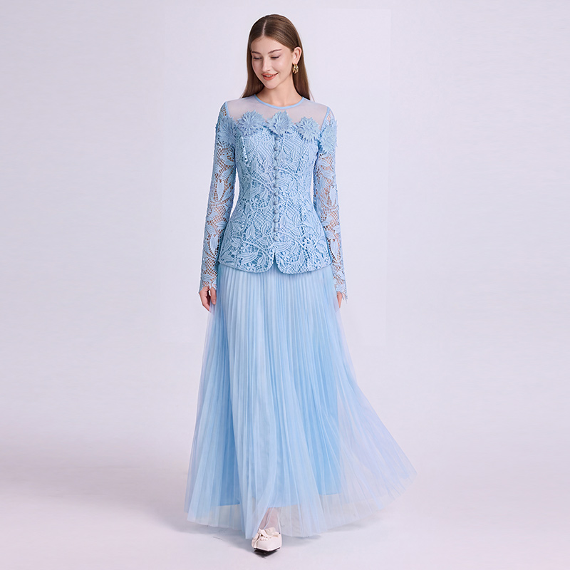 Gauze stereoscopic pinched waist tops jacquard slim skirt