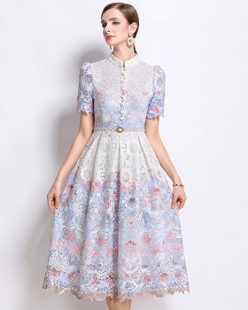 Long slim short sleeve fashion lace hollow dress