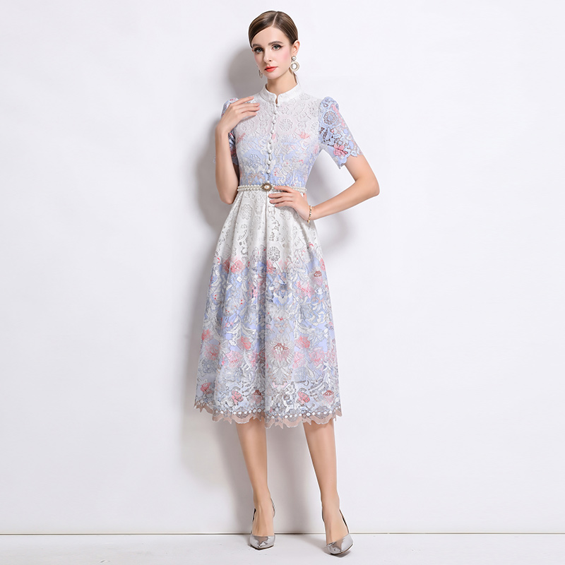 Long slim short sleeve fashion lace hollow dress