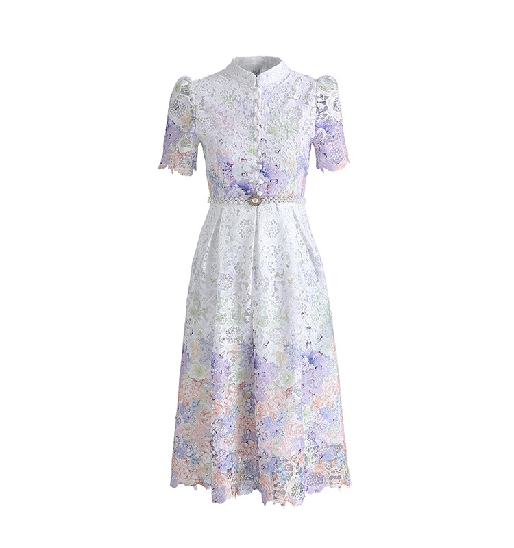 Long slim short sleeve fashion lace hollow dress
