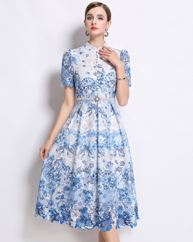Fashion long hollow short sleeve lace slim dress