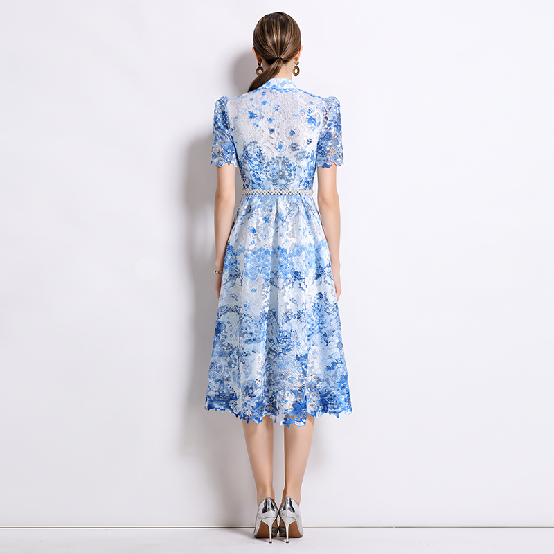 Fashion long hollow short sleeve lace slim dress
