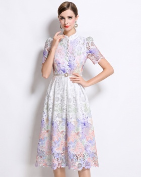 Long short sleeve slim hollow lace fashion dress