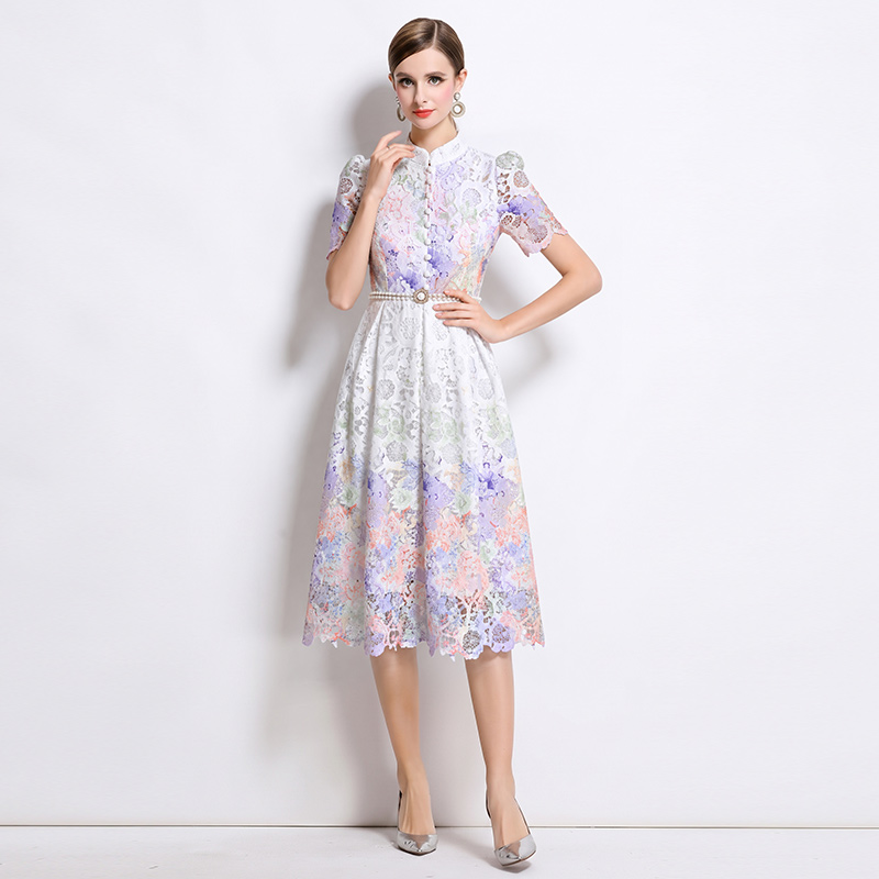 Long short sleeve slim hollow lace fashion dress