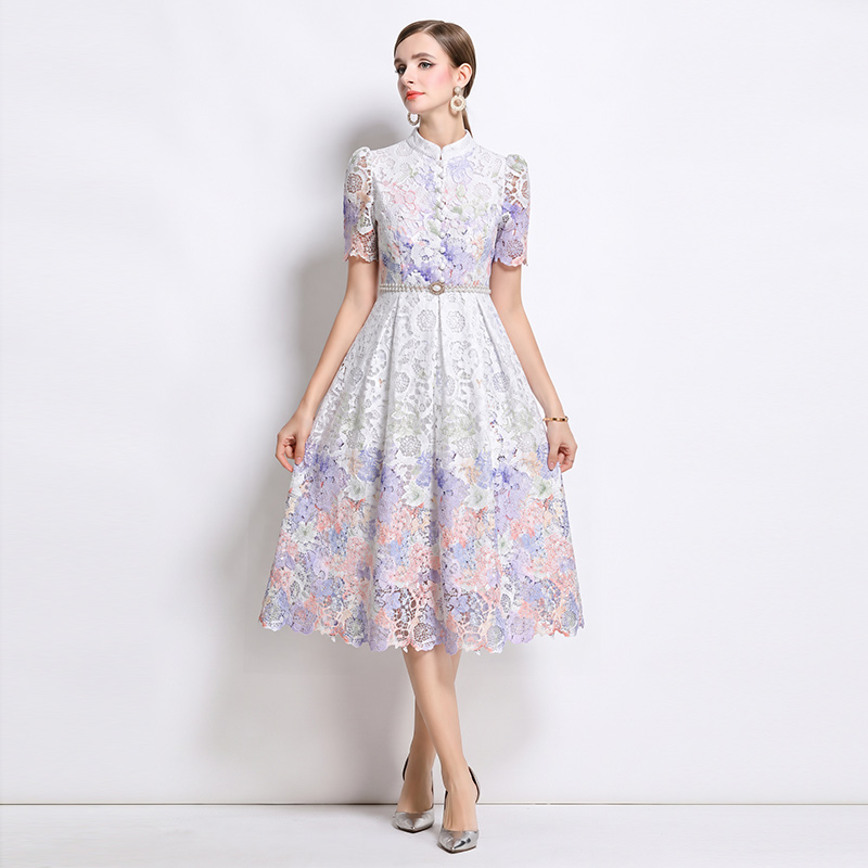 Long short sleeve slim hollow lace fashion dress