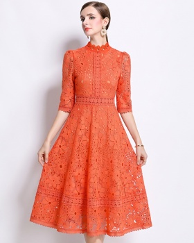 Lace hollow slim long short sleeve dress