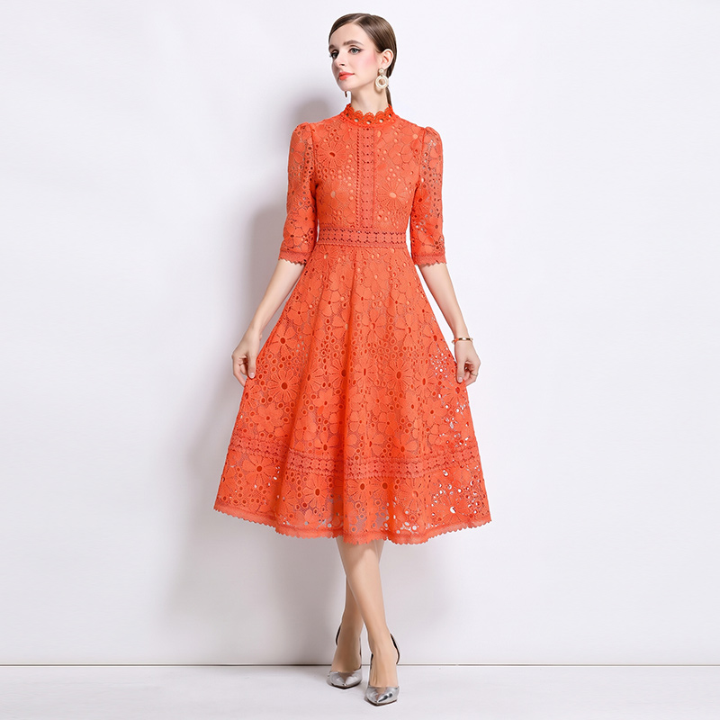 Lace hollow slim long short sleeve dress