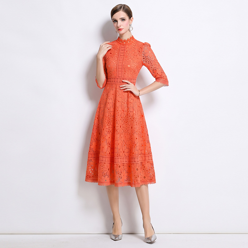 Lace hollow slim long short sleeve dress