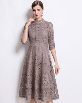 Lace hollow slim short sleeve long dress