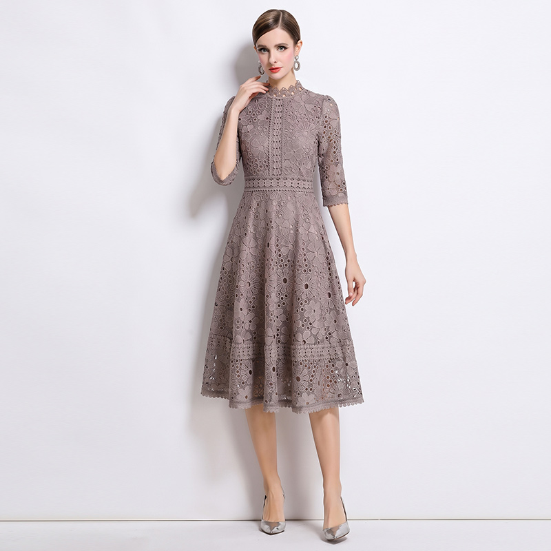 Lace hollow slim short sleeve long dress