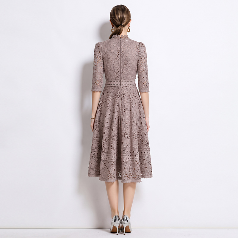 Lace hollow slim short sleeve long dress