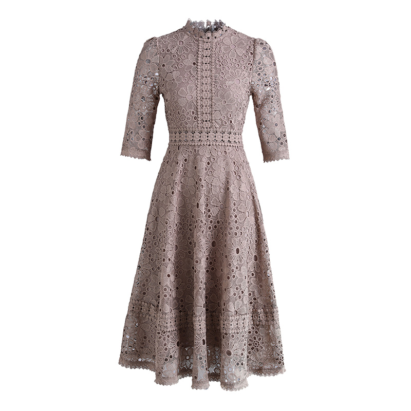 Lace hollow slim short sleeve long dress