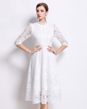 Short sleeve long slim lace hollow dress