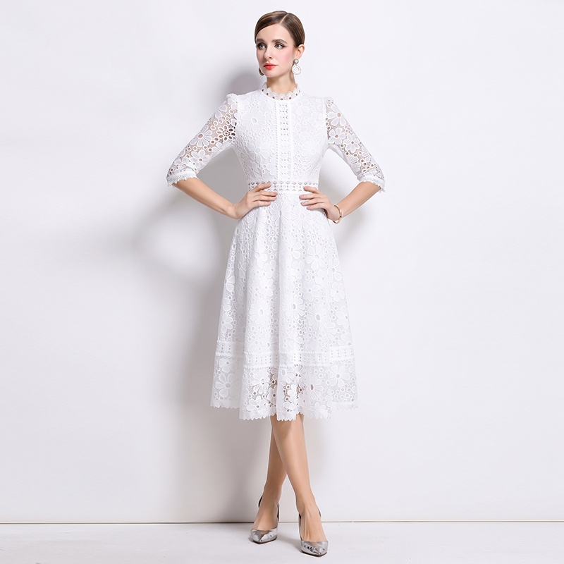 Short sleeve long slim lace hollow dress