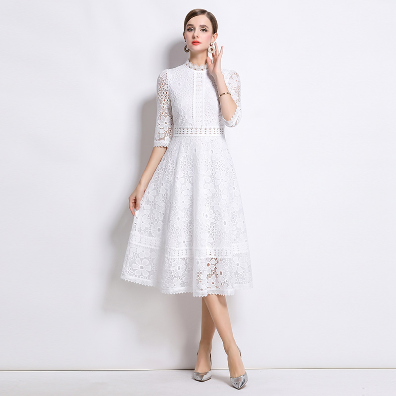 Short sleeve long slim lace hollow dress