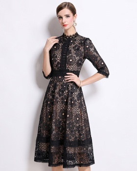 Long short sleeve lace hollow slim dress