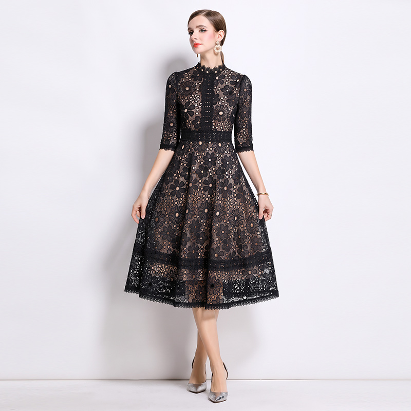 Long short sleeve lace hollow slim dress