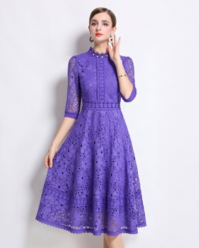 Hollow slim lace long short sleeve dress