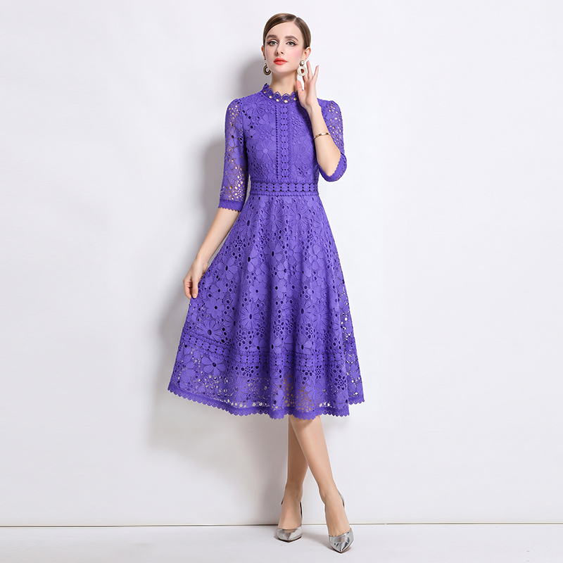 Hollow slim lace long short sleeve dress