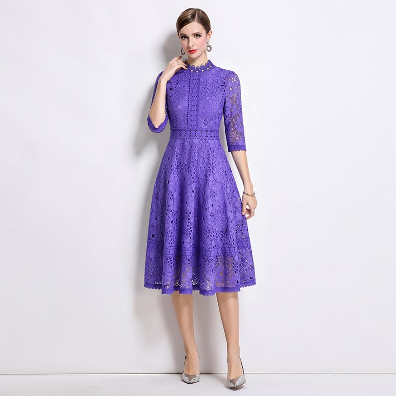 Hollow slim lace long short sleeve dress