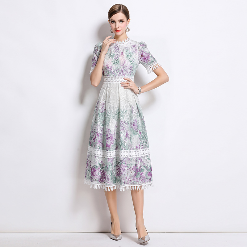 Hollow tassels lace collar long fashion slim dress