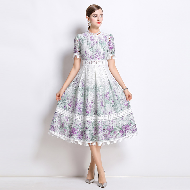 Hollow tassels lace collar long fashion slim dress
