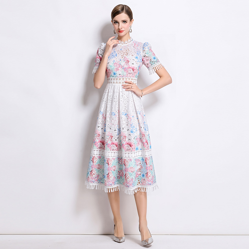 Tassels hollow long slim lace collar lace fashion dress