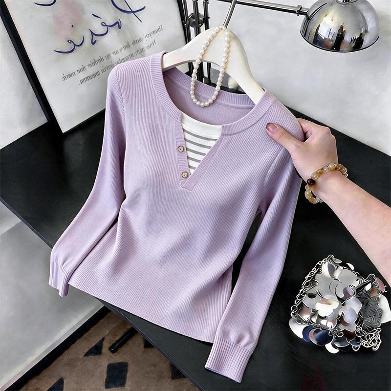 Knitted V-neck tops autumn bottoming shirt for women