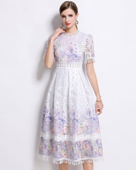 Lace collar lace tassels hollow long fashion slim dress