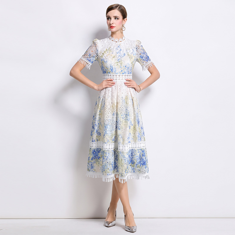 Fashion slim lace lace collar long hollow tassels dress