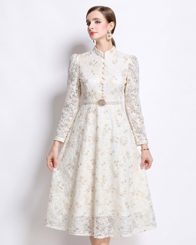 Long jacquard temperament slim lace dress