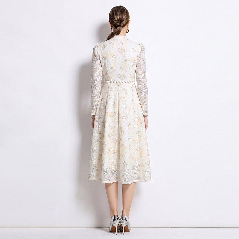 Long jacquard temperament slim lace dress