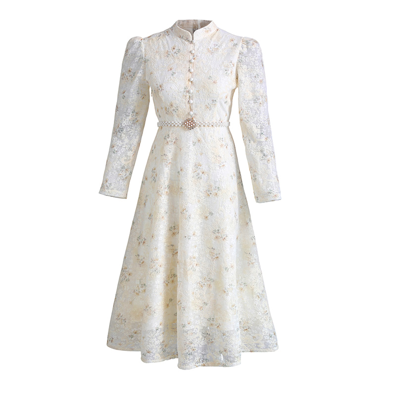 Long jacquard temperament slim lace dress