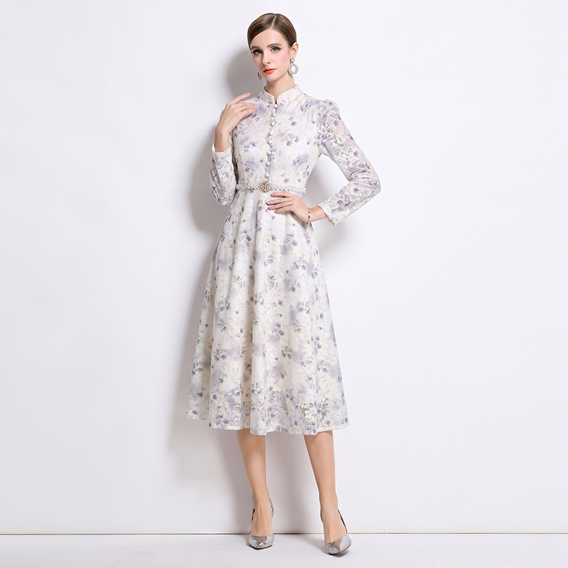 Temperament slim jacquard long lace dress