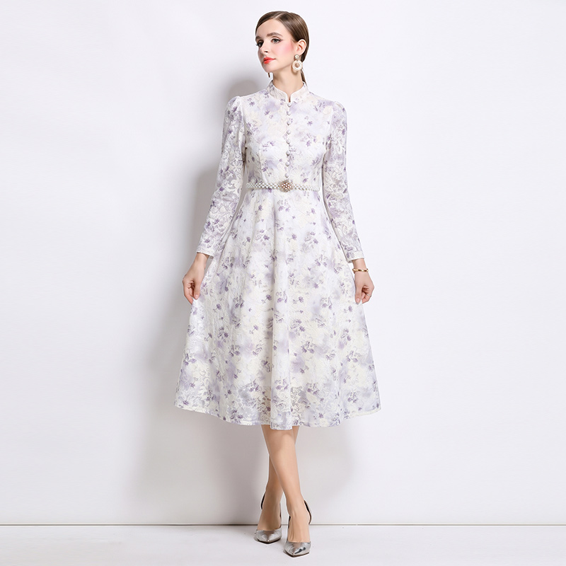 Temperament slim jacquard long lace dress