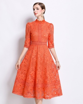 Hollow slim long short sleeve lace dress