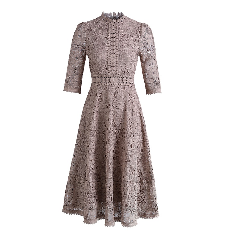 Hollow slim long short sleeve lace dress