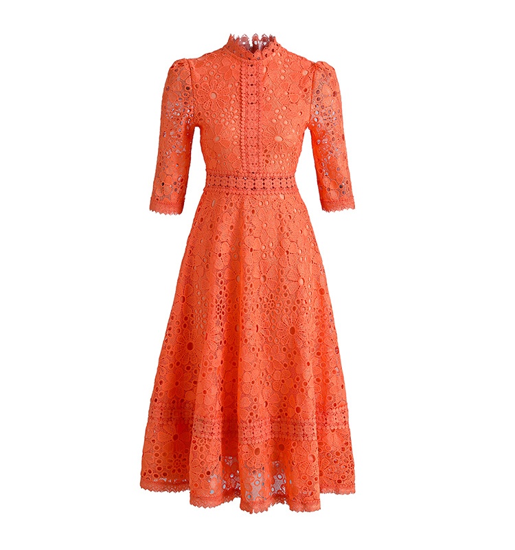 Hollow slim long short sleeve lace dress