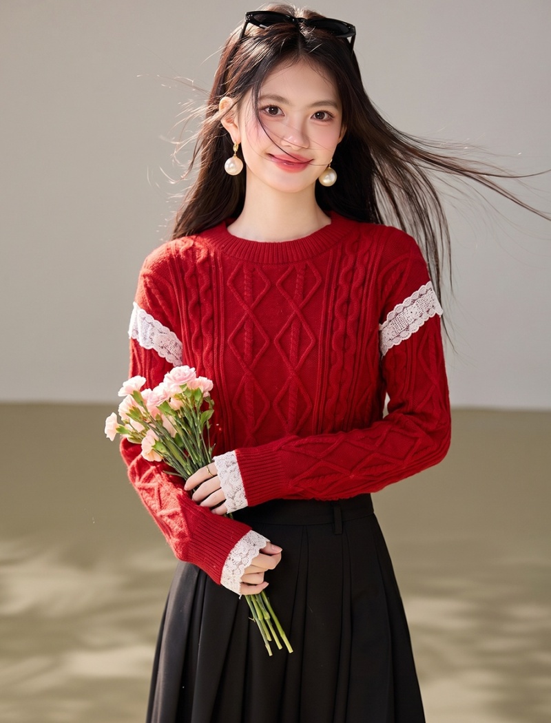 Lovely retro diamond sweet style splice sweater for women