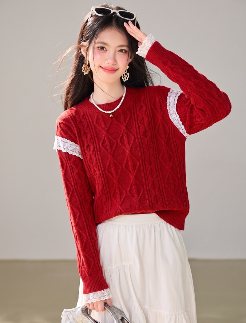 Lovely retro diamond sweet style splice sweater for women