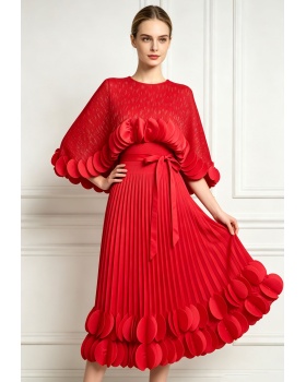 Sleeveless pinched waist long dress lotus leaf edges dress