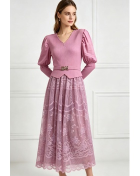 Lantern sleeve long dress pinched waist dress for women