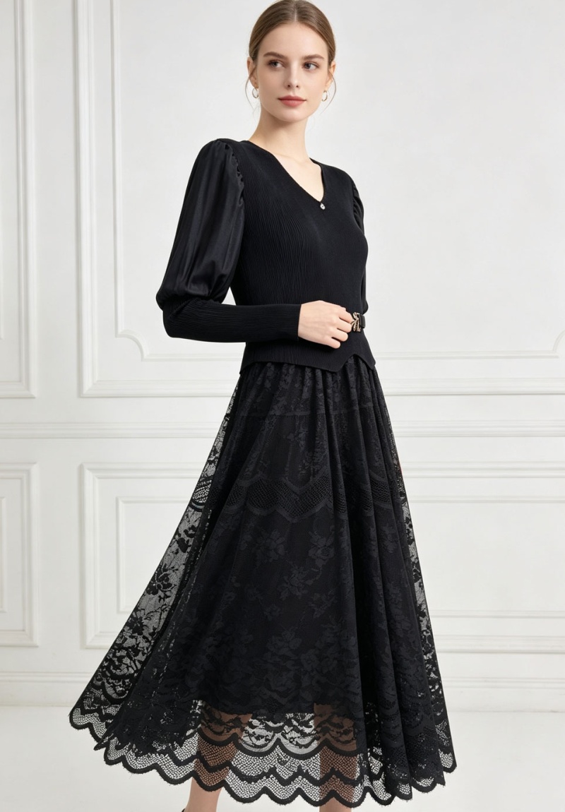 Lantern sleeve long dress pinched waist dress for women